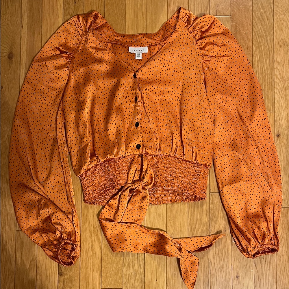 Topshop silky orange long sleeve blouse
